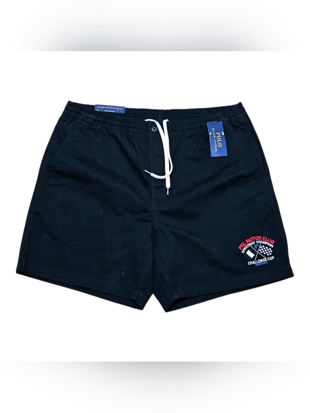 Ralph Lauren Navy Blue Mens Swim Shorts with White Drawstring and Red Logo